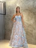 Vestido Longo Azul Serenity com Pluma e Bordado